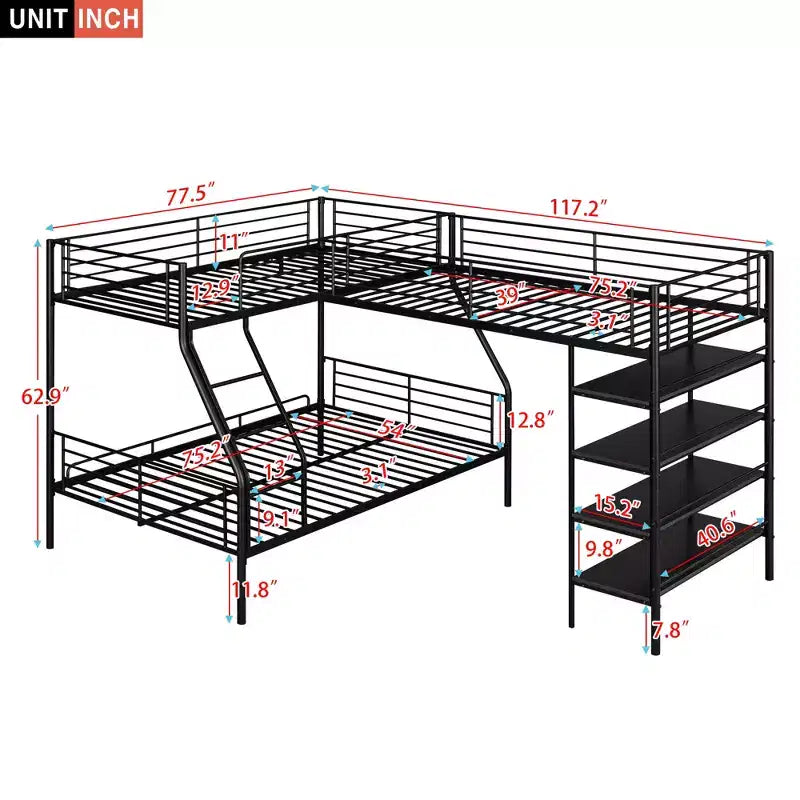 Lit superposé triple en métal, lit superposé en forme de L pour 3 enfants, lit superposé double sur complet et lit mezzanine simple avec quatre étagères intégrées, noir