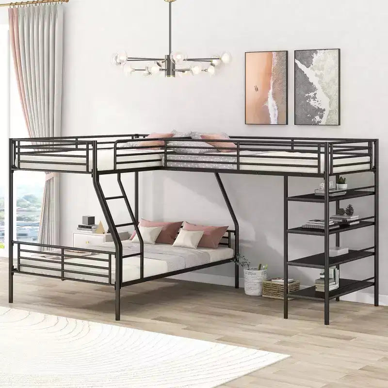 Lit superposé triple en métal, lit superposé en forme de L pour 3 enfants, lit superposé double sur complet et lit mezzanine simple avec quatre étagères intégrées, noir