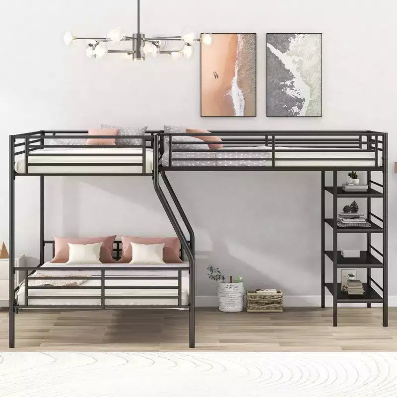 Lit superposé triple en métal, lit superposé en forme de L pour 3 enfants, lit superposé double sur complet et lit mezzanine simple avec quatre étagères intégrées, noir