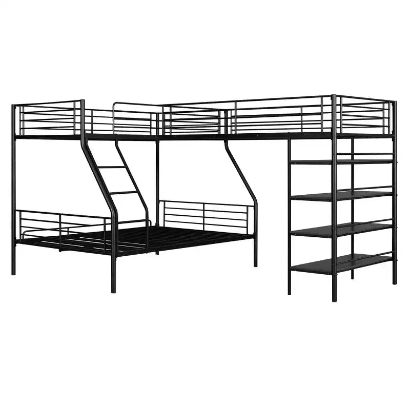 Lit superposé triple en métal, lit superposé en forme de L pour 3 enfants, lit superposé double sur complet et lit mezzanine simple avec quatre étagères intégrées, noir