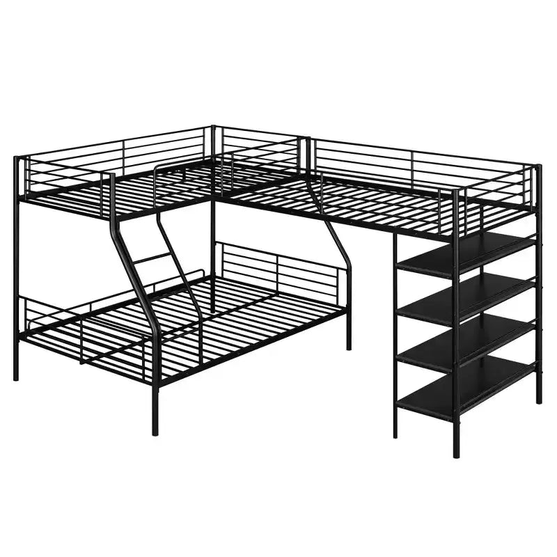 Lit superposé triple en métal, lit superposé en forme de L pour 3 enfants, lit superposé double sur complet et lit mezzanine simple avec quatre étagères intégrées, noir