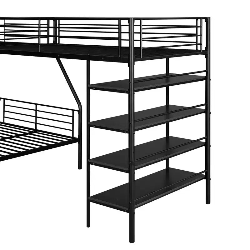 Lit superposé triple en métal, lit superposé en forme de L pour 3 enfants, lit superposé double sur complet et lit mezzanine simple avec quatre étagères intégrées, noir