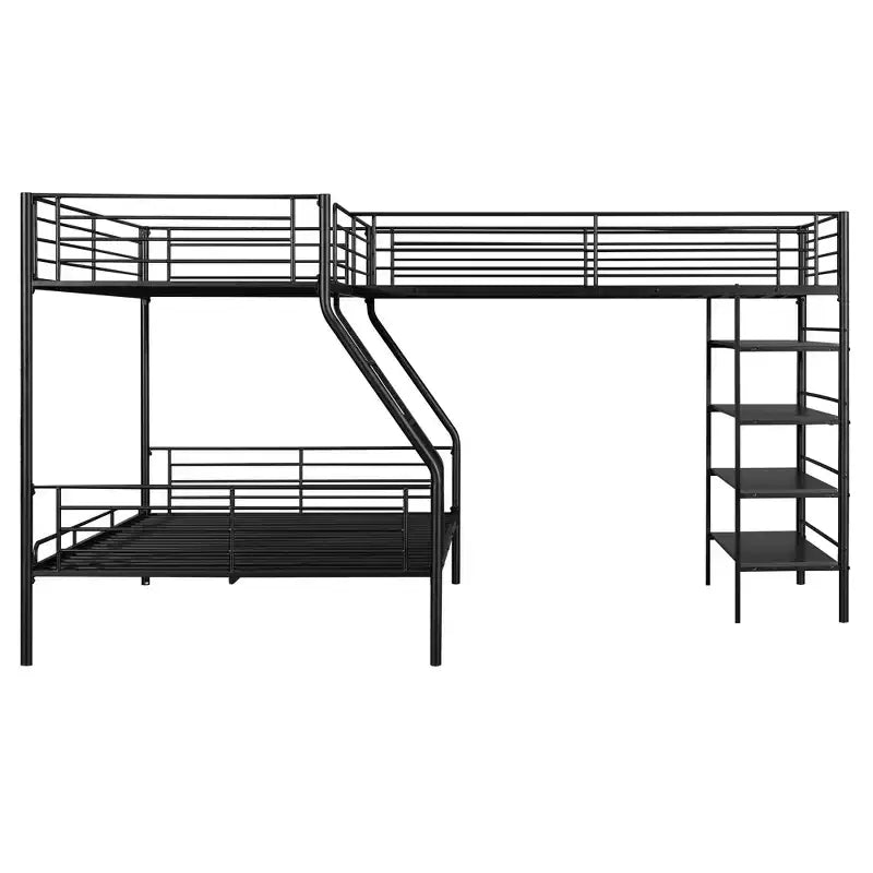Lit superposé triple en métal, lit superposé en forme de L pour 3 enfants, lit superposé double sur complet et lit mezzanine simple avec quatre étagères intégrées, noir