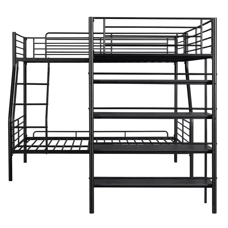 Lit superposé triple en métal, lit superposé en forme de L pour 3 enfants, lit superposé double sur complet et lit mezzanine simple avec quatre étagères intégrées, noir