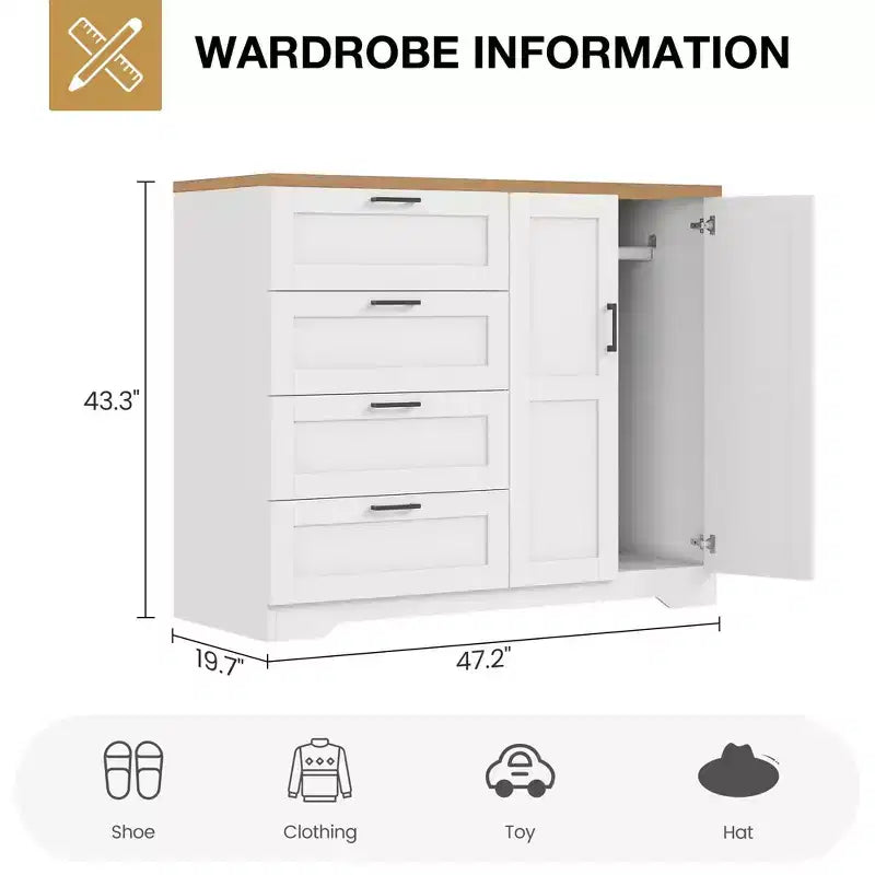 Commode multifonctionnelle en bois de 109,9 cm, Meuble de rangement bas pour chambre à coucher, Armoire à 2 portes avec 4 tiroirs et tringle de suspension