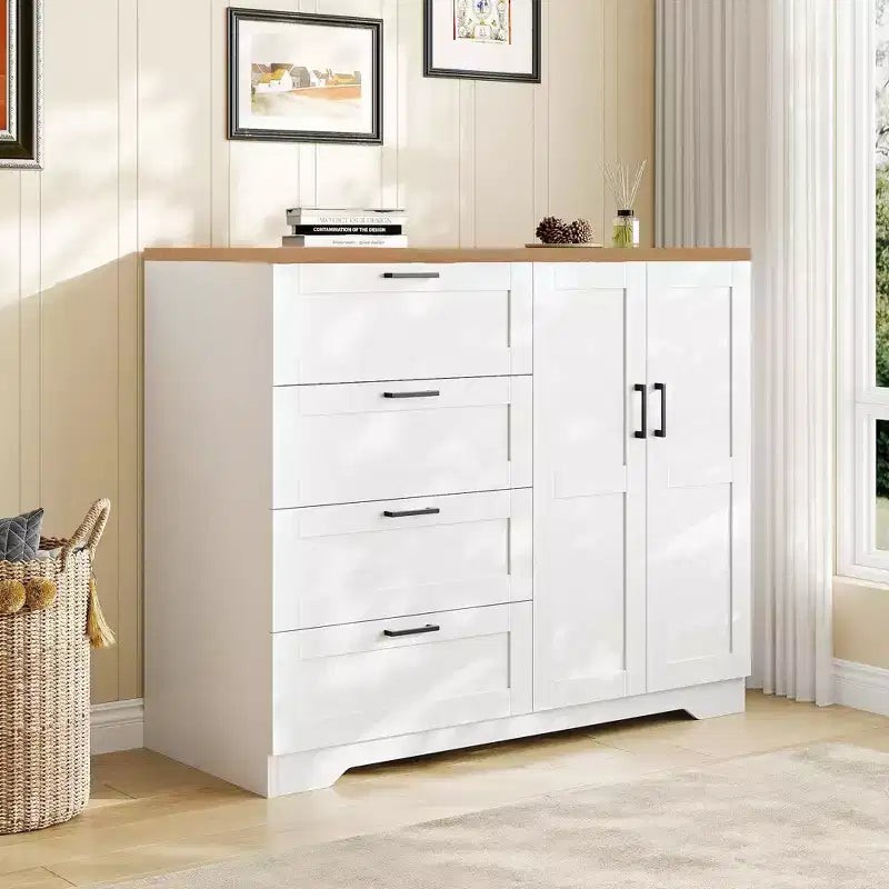 Commode multifonctionnelle en bois de 109,9 cm, Meuble de rangement bas pour chambre à coucher, Armoire à 2 portes avec 4 tiroirs et tringle de suspension