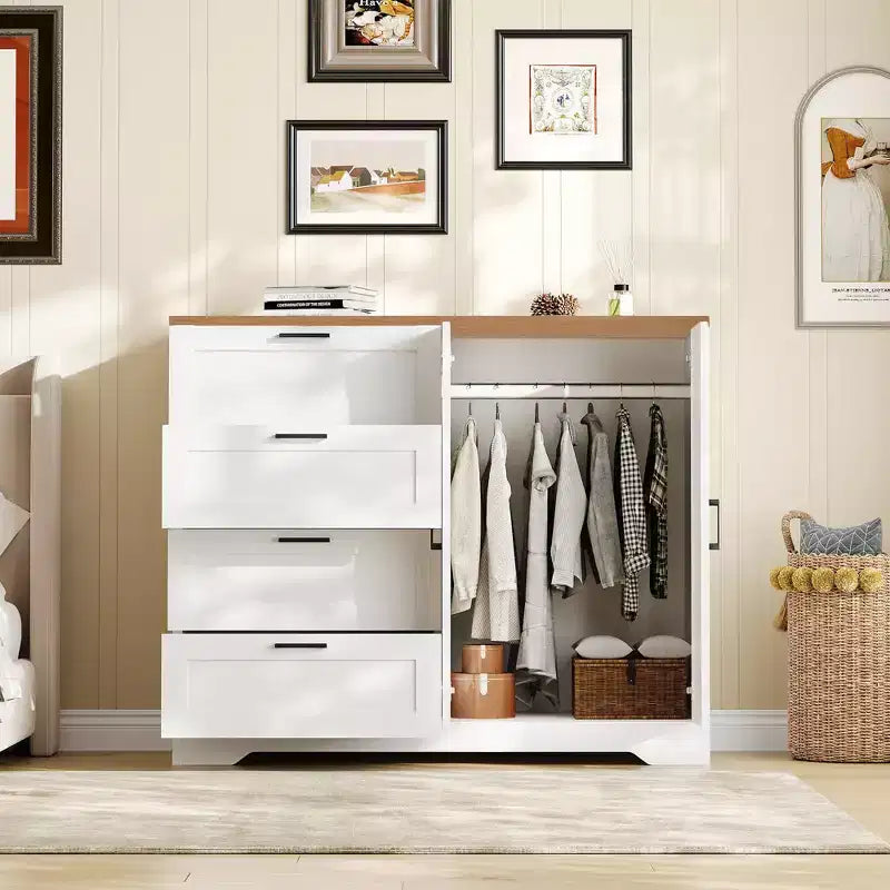 Commode multifonctionnelle en bois de 109,9 cm, Meuble de rangement bas pour chambre à coucher, Armoire à 2 portes avec 4 tiroirs et tringle de suspension