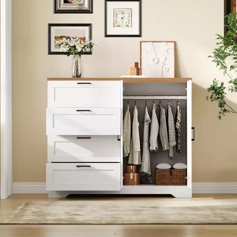 Commode multifonctionnelle en bois de 109,9 cm, Meuble de rangement bas pour chambre à coucher, Armoire à 2 portes avec 4 tiroirs et tringle de suspension