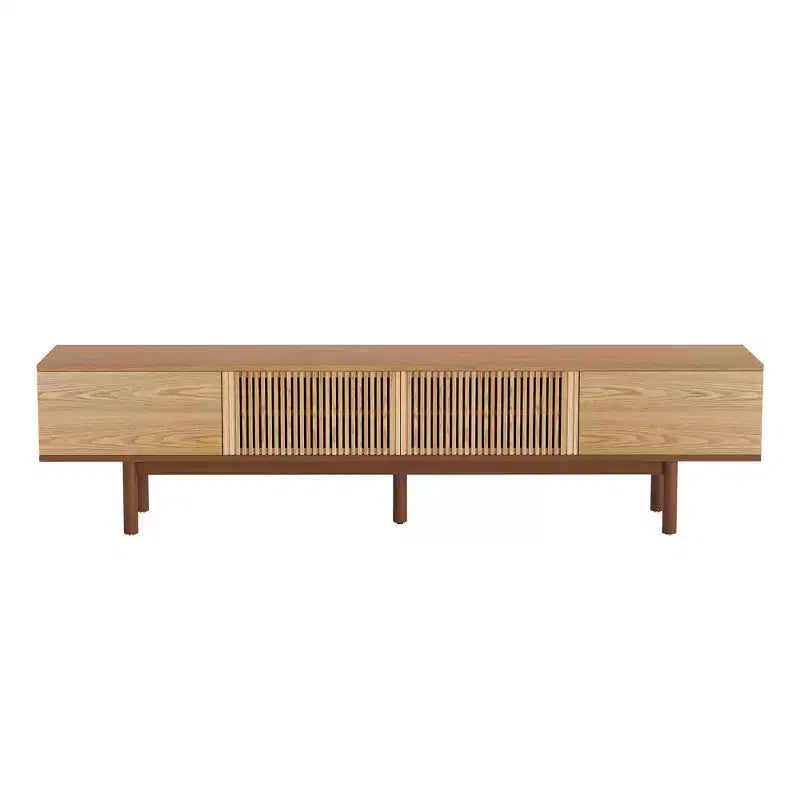 Meuble TV Mid-Century Modern de 220 cm en bois massif, console multimédia avec espace de rangement, couleur naturelle
