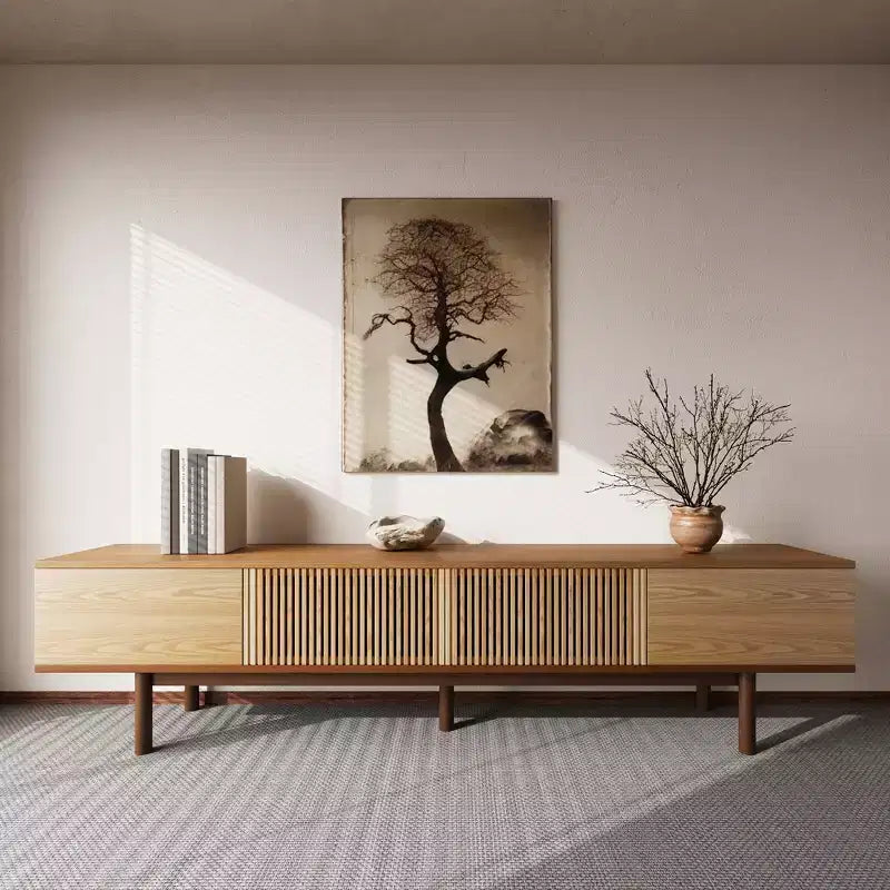 Meuble TV Mid-Century Modern de 220 cm en bois massif, console multimédia avec espace de rangement, couleur naturelle