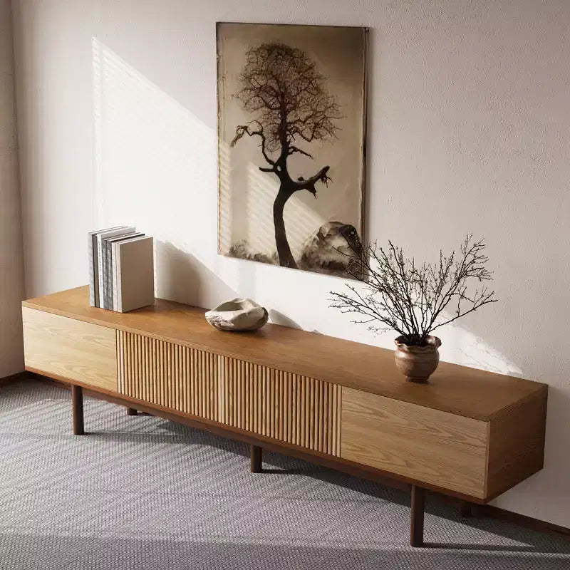 Meuble TV Mid-Century Modern de 220 cm en bois massif, console multimédia avec espace de rangement, couleur naturelle