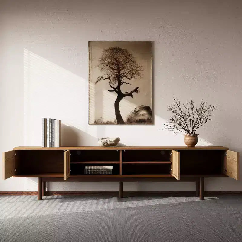 Meuble TV Mid-Century Modern de 220 cm en bois massif, console multimédia avec espace de rangement, couleur naturelle
