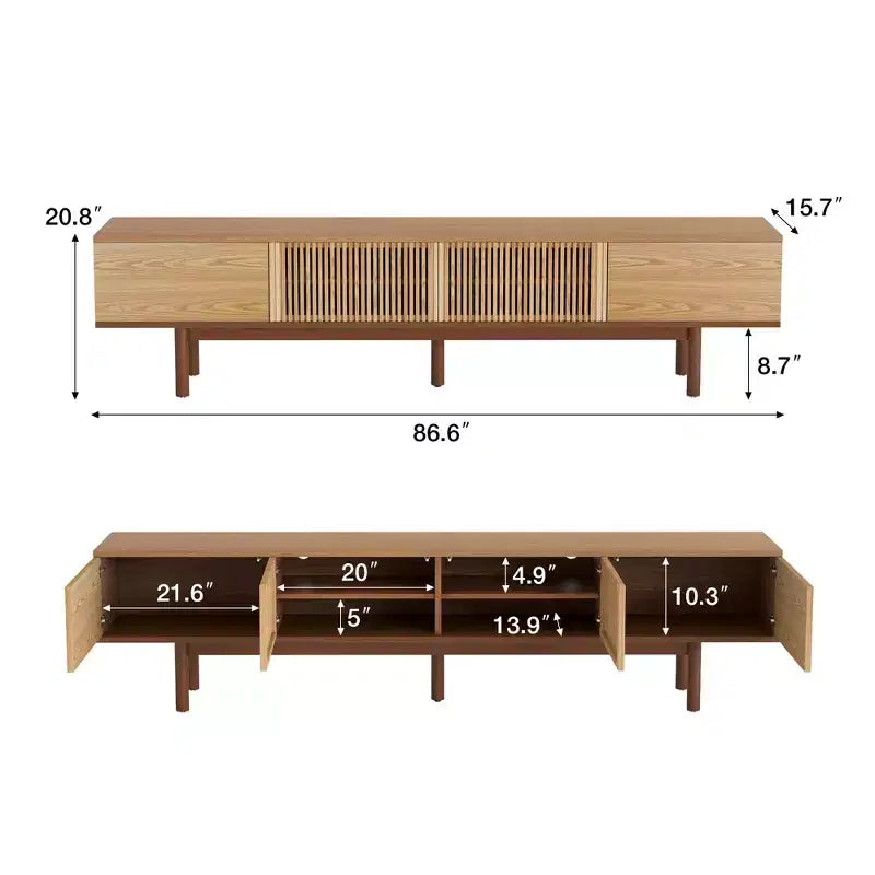 Meuble TV Mid-Century Modern de 220 cm en bois massif, console multimédia avec espace de rangement, couleur naturelle