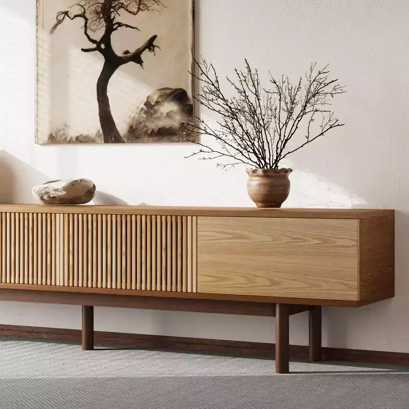 Meuble TV Mid-Century Modern de 220 cm en bois massif, console multimédia avec espace de rangement, couleur naturelle