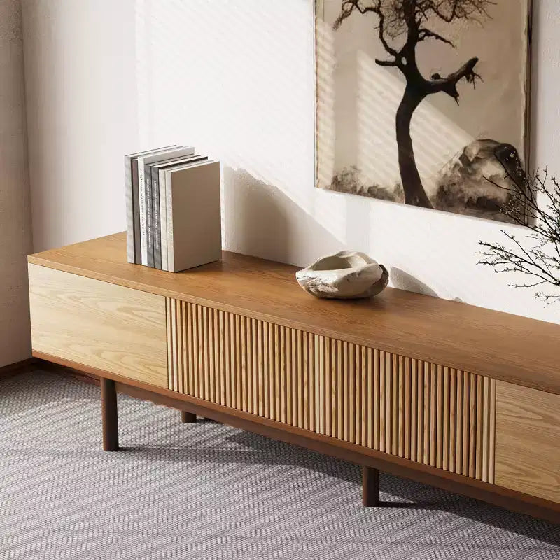 Meuble TV Mid-Century Modern de 220 cm en bois massif, console multimédia avec espace de rangement, couleur naturelle