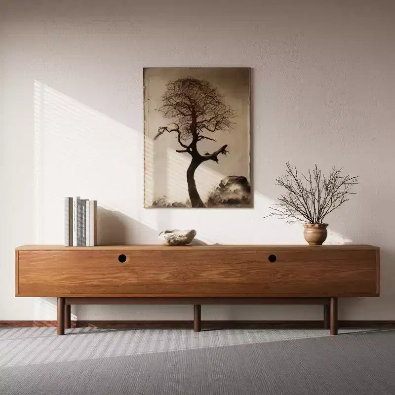 Meuble TV Mid-Century Modern de 220 cm en bois massif, console multimédia avec espace de rangement, couleur naturelle