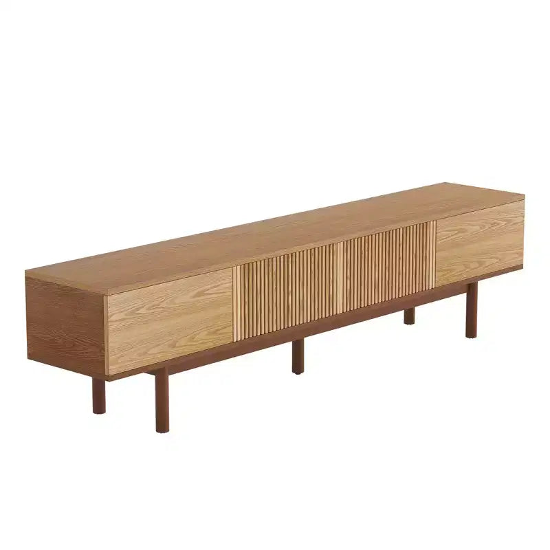 Meuble TV Mid-Century Modern de 220 cm en bois massif, console multimédia avec espace de rangement, couleur naturelle
