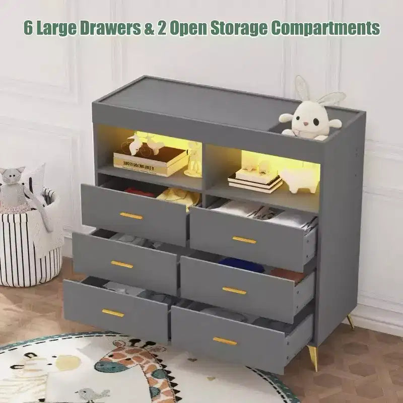 Commode de chambre d'enfant multifonctionnelle à 6 tiroirs, table à langer moderne avec lumières et station de charge, table à langer convertible pour chambre à coucher