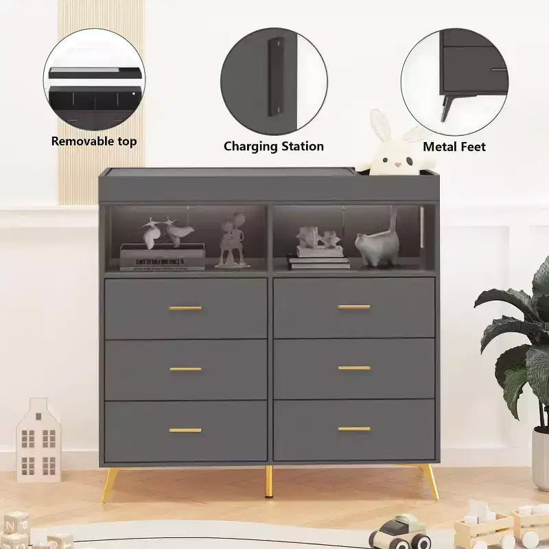 Commode de chambre d'enfant multifonctionnelle à 6 tiroirs, table à langer moderne avec lumières et station de charge, table à langer convertible pour chambre à coucher