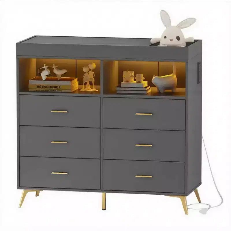 Commode de chambre d'enfant multifonctionnelle à 6 tiroirs, table à langer moderne avec lumières et station de charge, table à langer convertible pour chambre à coucher