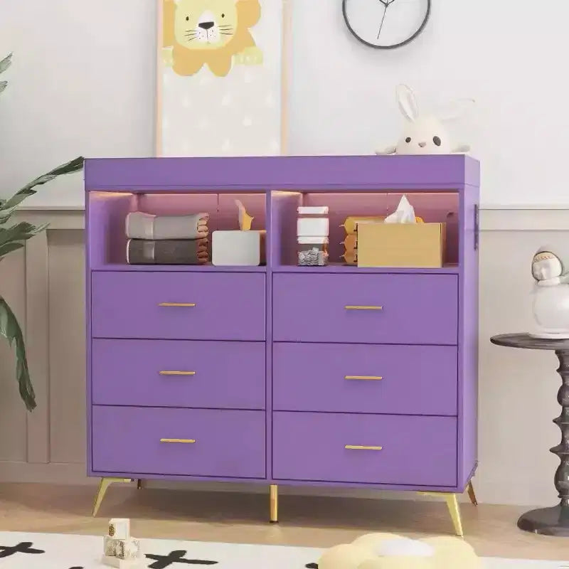 Commode de chambre d'enfant multifonctionnelle à 6 tiroirs, table à langer moderne avec lumières et station de charge, table à langer convertible pour chambre à coucher