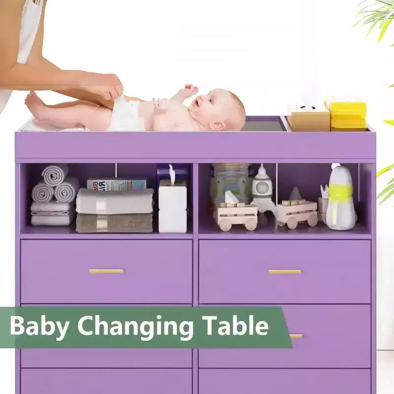 Commode de chambre d'enfant multifonctionnelle à 6 tiroirs, table à langer moderne avec lumières et station de charge, table à langer convertible pour chambre à coucher