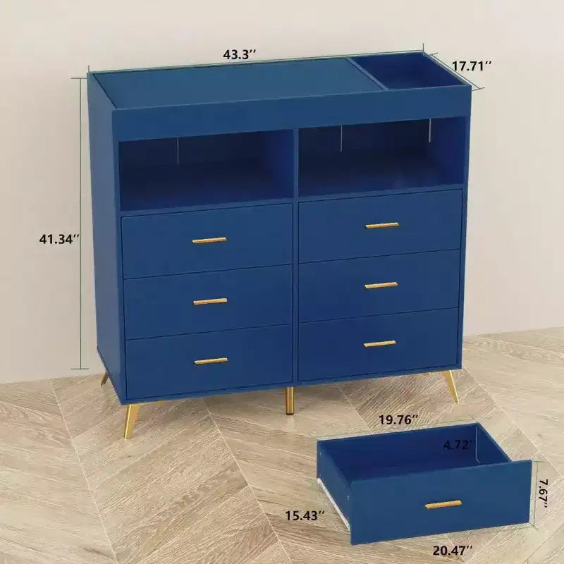 Commode de chambre d'enfant multifonctionnelle à 6 tiroirs, table à langer moderne avec lumières et station de charge, table à langer convertible pour chambre à coucher