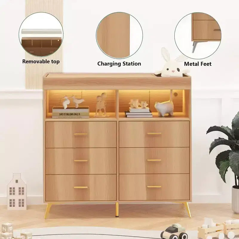 Commode de chambre d'enfant multifonctionnelle à 6 tiroirs, table à langer moderne avec lumières et station de charge, table à langer convertible pour chambre à coucher