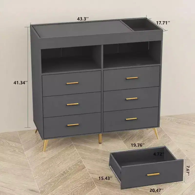 Commode de chambre d'enfant multifonctionnelle à 6 tiroirs, table à langer moderne avec lumières et station de charge, table à langer convertible pour chambre à coucher