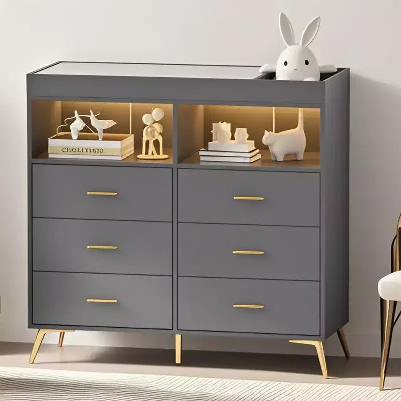 Commode de chambre d'enfant multifonctionnelle à 6 tiroirs, table à langer moderne avec lumières et station de charge, table à langer convertible pour chambre à coucher