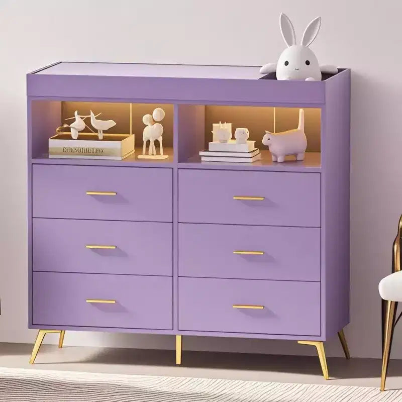 Commode de chambre d'enfant multifonctionnelle à 6 tiroirs, table à langer moderne avec lumières et station de charge, table à langer convertible pour chambre à coucher