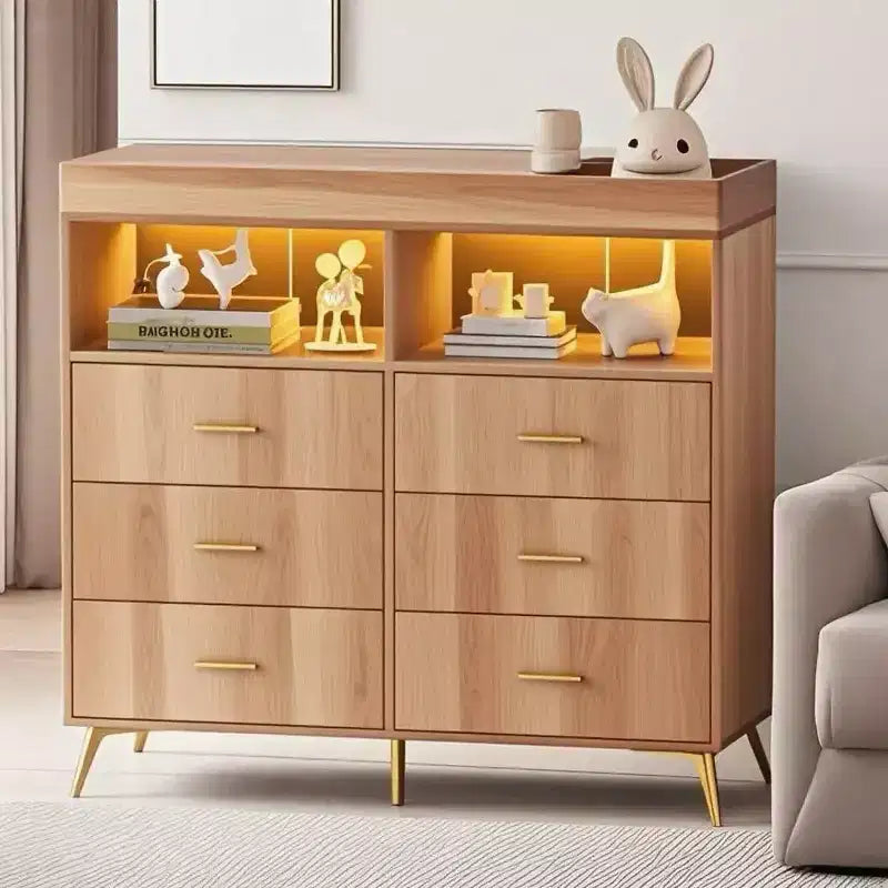 Commode de chambre d'enfant multifonctionnelle à 6 tiroirs, table à langer moderne avec lumières et station de charge, table à langer convertible pour chambre à coucher