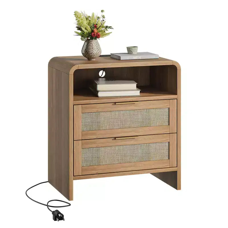 Table de chevet rustique avec station de recharge Lumière LED/veilleuse 2 tiroirs Détail en rotin Bois et rotin 22,8 (L1820P410556)
