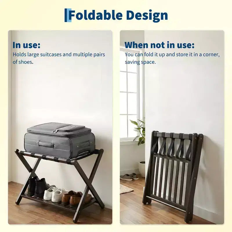 Porte-bagages pliant en bambou avec étagère à 2 niveaux - Support de valise haut de gamme pouvant supporter jusqu'à 68 kg pour chambres et hôtels