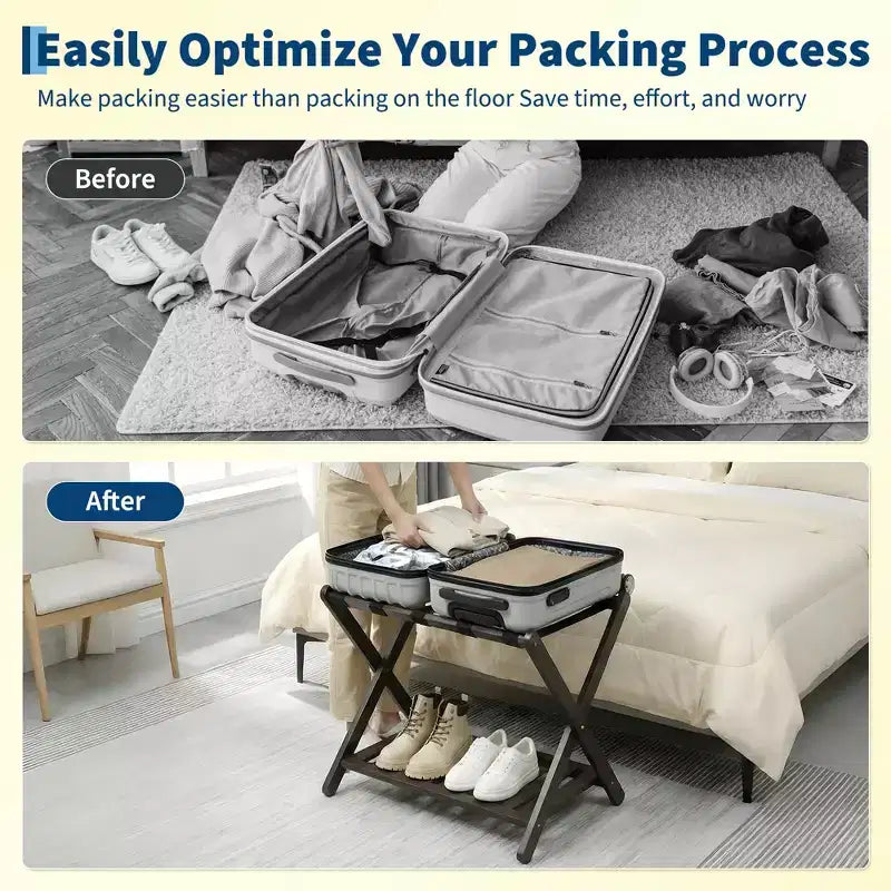 Porte-bagages pliant en bambou avec étagère à 2 niveaux - Support de valise haut de gamme pouvant supporter jusqu'à 68 kg pour chambres et hôtels
