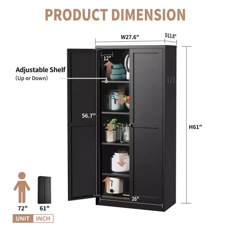 VIYET 61 Meuble de rangement de cuisine en métal noir, 4 étagères réglables capacité 50 kg, Organisateur autoportant robuste
