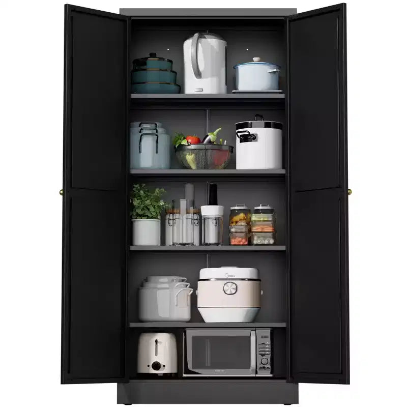 VIYET 61 Meuble de rangement de cuisine en métal noir, 4 étagères réglables capacité 50 kg, Organisateur autoportant robuste