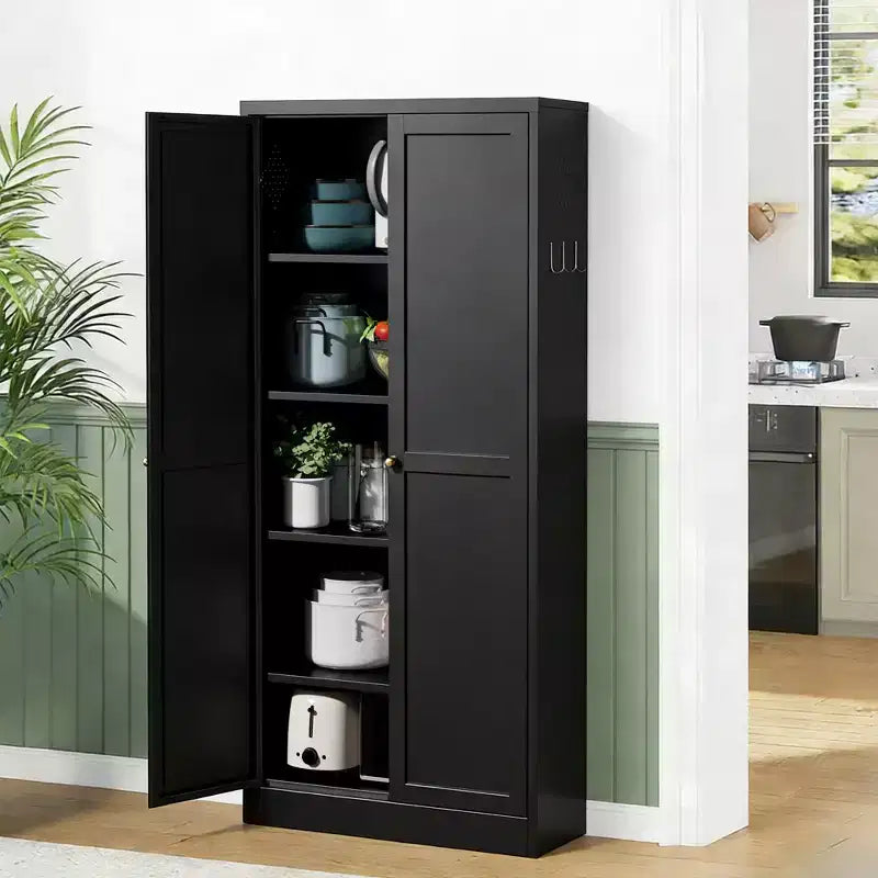 VIYET 61 Meuble de rangement de cuisine en métal noir, 4 étagères réglables capacité 50 kg, Organisateur autoportant robuste