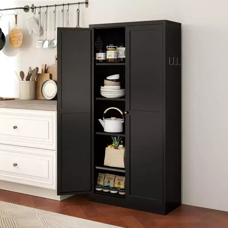 VIYET 61 Meuble de rangement de cuisine en métal noir, 4 étagères réglables capacité 50 kg, Organisateur autoportant robuste