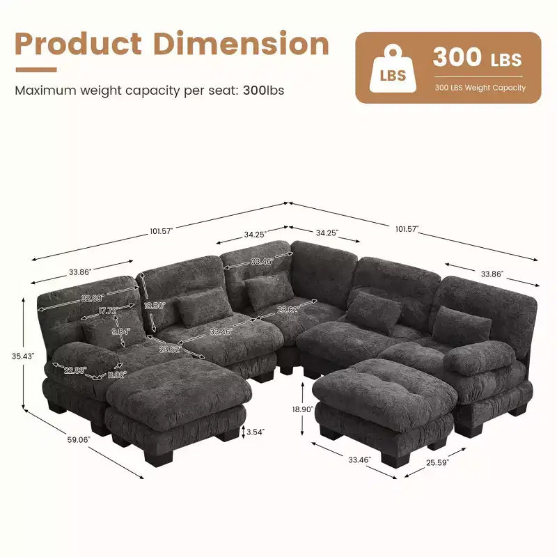 Canapé modulaire surdimensionné en chenille de 101,57 po, canapé en U avec pouf mobile, canapé d'angle 7 places