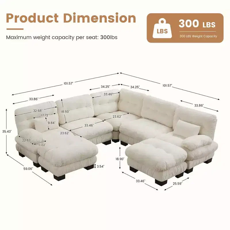 Canapé modulaire surdimensionné en chenille de 101,57 po, canapé en U avec pouf mobile, canapé d'angle 7 places