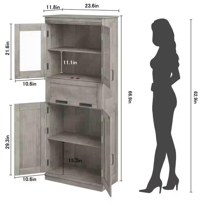 67Meuble de Rangement Salle de Bain Autoportant Haut4 Portes, Tiroir en Verre Dépoli, Étagères Réglables, Organisateur Gain de Place pour Cuisine, Salon, Salle de Bain