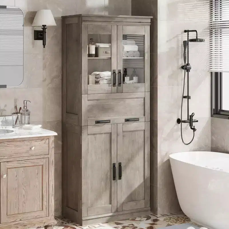 67Meuble de Rangement Salle de Bain Autoportant Haut4 Portes, Tiroir en Verre Dépoli, Étagères Réglables, Organisateur Gain de Place pour Cuisine, Salon, Salle de Bain
