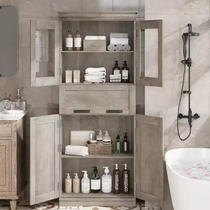 67Meuble de Rangement Salle de Bain Autoportant Haut4 Portes, Tiroir en Verre Dépoli, Étagères Réglables, Organisateur Gain de Place pour Cuisine, Salon, Salle de Bain