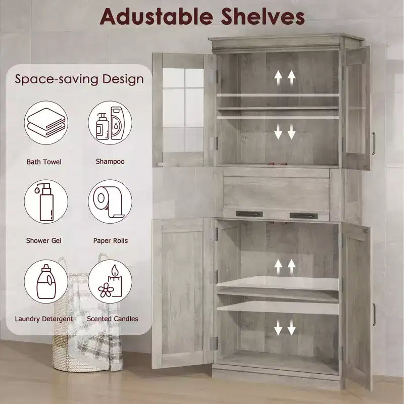 67Meuble de Rangement Salle de Bain Autoportant Haut4 Portes, Tiroir en Verre Dépoli, Étagères Réglables, Organisateur Gain de Place pour Cuisine, Salon, Salle de Bain
