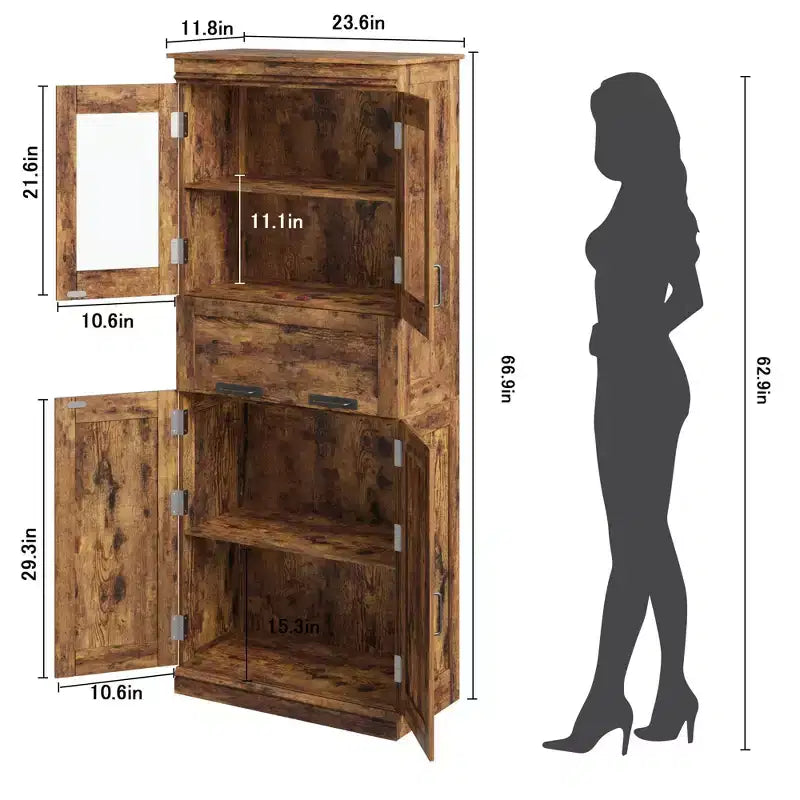 67Meuble de Rangement Salle de Bain Autoportant Haut4 Portes, Tiroir en Verre Dépoli, Étagères Réglables, Organisateur Gain de Place pour Cuisine, Salon, Salle de Bain