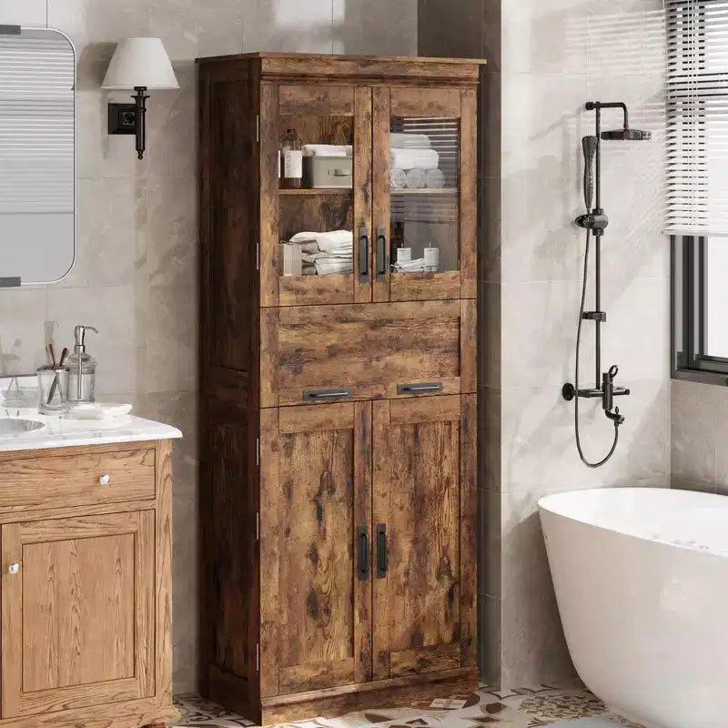 67Meuble de Rangement Salle de Bain Autoportant Haut4 Portes, Tiroir en Verre Dépoli, Étagères Réglables, Organisateur Gain de Place pour Cuisine, Salon, Salle de Bain