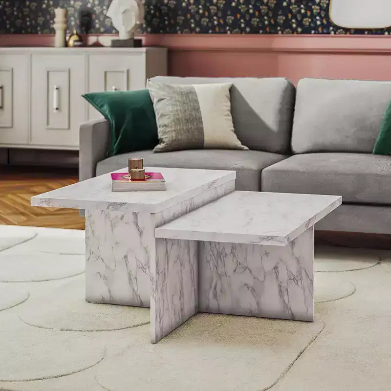 Table basse Brielle à deux niveaux en faux marbre blanc, table pratique de luxe en bois composite pour salon moderne