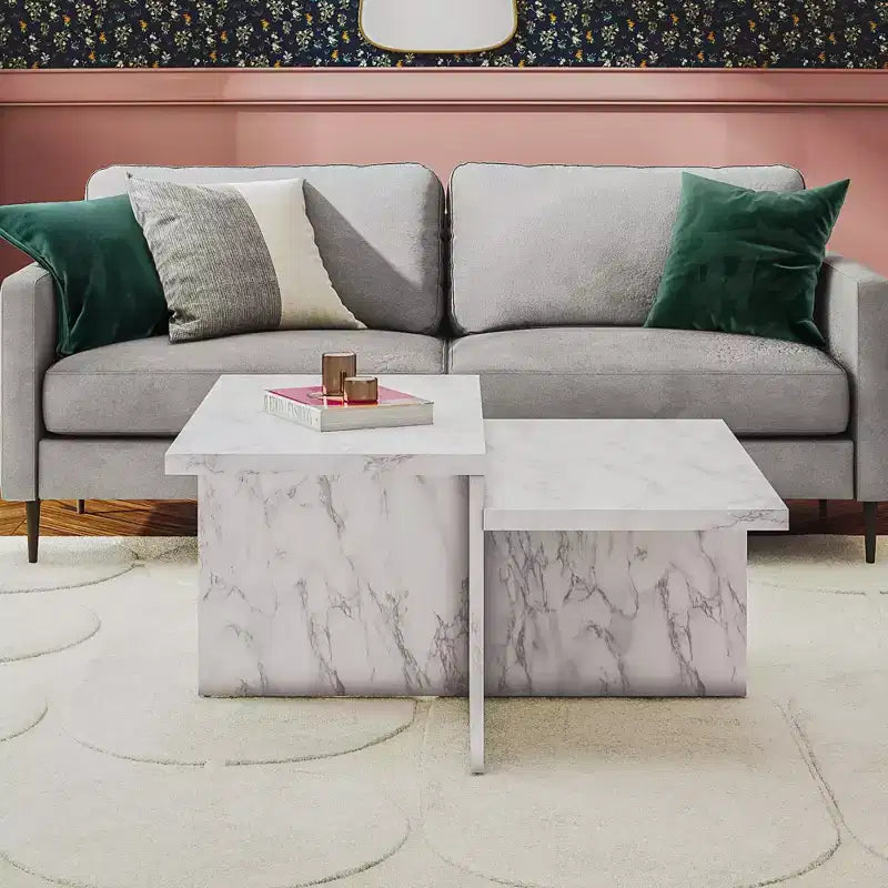 Table basse Brielle à deux niveaux en faux marbre blanc, table pratique de luxe en bois composite pour salon moderne
