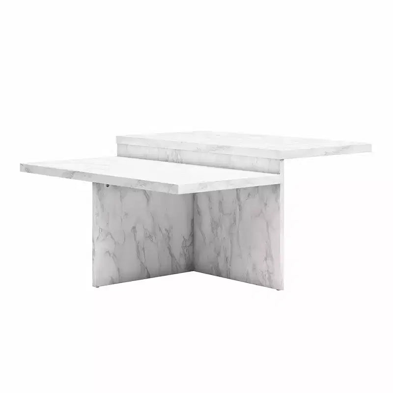 Table basse Brielle à deux niveaux en faux marbre blanc, table pratique de luxe en bois composite pour salon moderne